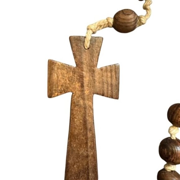 Handcrafted Wooden Rosary Necklace With Cross & Heart Pendants Natural Wood Bead - Picture 2 of 7